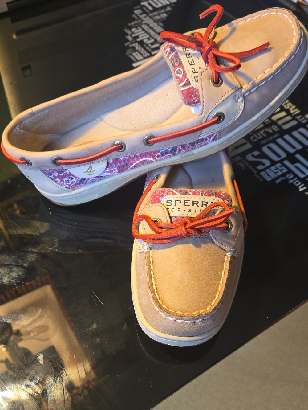 Like New - Sperry Tan Boat Shoes with Red Sequined Trim & Red Leather Laces - Picture 2 of 6